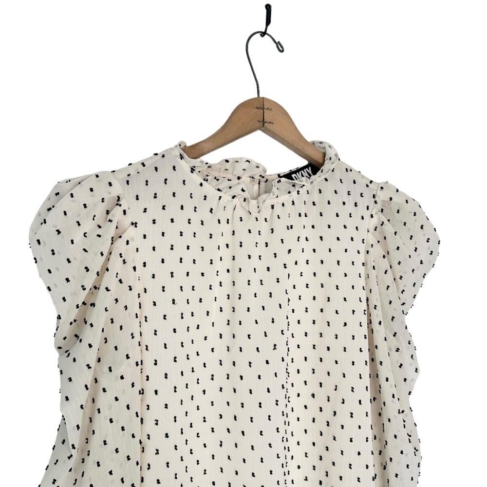 DKNY | Cream Black Raised Dot Long Puff Sleeves Blouse Size Medium - Picture 2 of 8